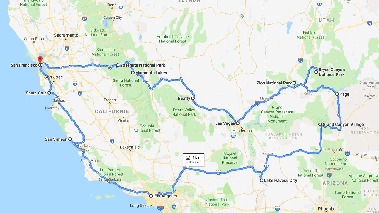 Route Van De Rondreis West-Amerika: 3300 Km / 2100 Mijl